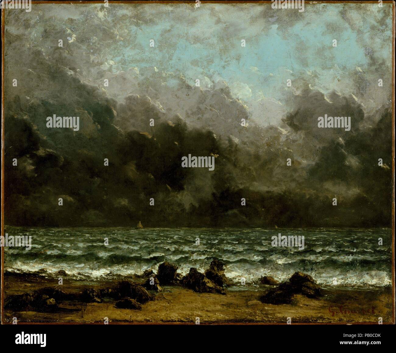 The Sea. Artist: Gustave Courbet (French, Ornans 1819-1877 La Tour-de-Peilz). Dimensions: 20 x 24 in. (50.8 x 61 cm). Date: 1865 or later.  During successive sojourns at Trouville in the mid-1860s, Courbet fully developed the pictorial vocabulary that he used for his distinctive minimalist views of the sea and sky under different conditions of light and weather. This "sea landscape" (<i>paysage de mer</i>), as he called such works, may have been painted along the Normandy coast between 1865 and 1867, or it may be a later studio repetition. Museum: Metropolitan Museum of Art, New York, USA. Stock Photo