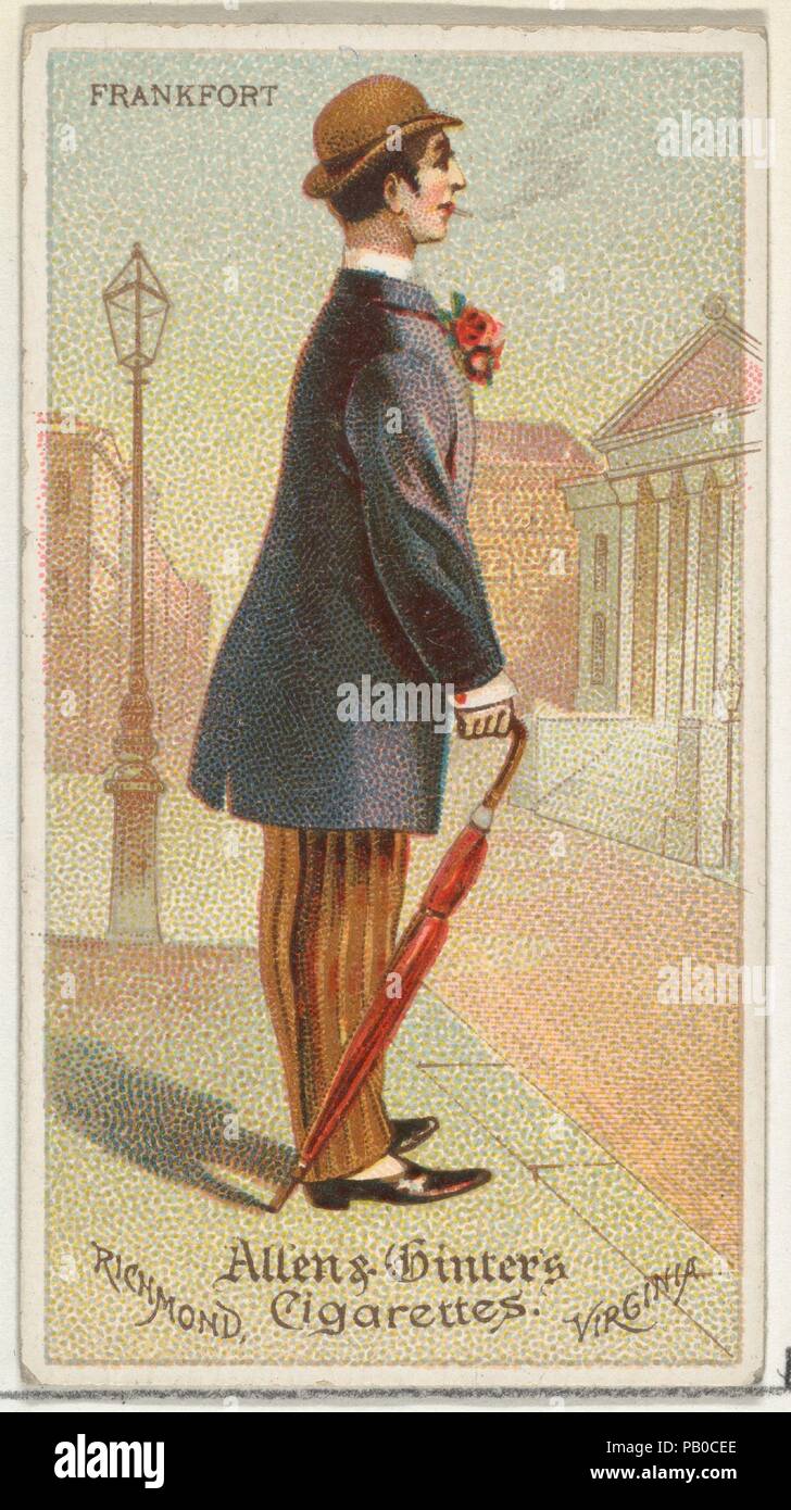 Frankfurt, from World's Dudes series (N31) for Allen & Ginter Cigarettes. Dimensions: Sheet: 2 3/4 x 1 1/2 in. (7 x 3.8 cm). Publisher: Allen & Ginter (American, Richmond, Virginia). Date: 1888.  Trade cards from the 'World's Dudes' series (N31), issued in 1888 in a set of 50 cards to promote Allen & Ginter brand cigarettes. Museum: Metropolitan Museum of Art, New York, USA. Stock Photo
