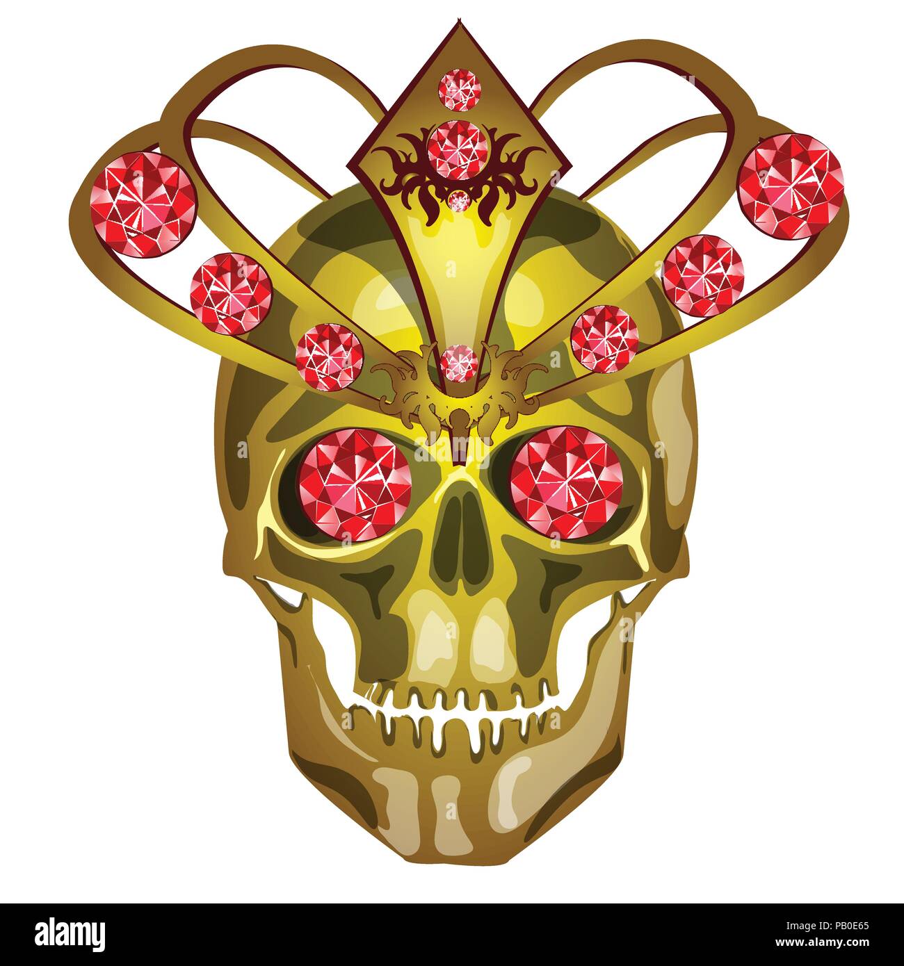 Golden human skull decorated with gold and inlaid with rubies, isolated on white background. Vector illustration. Stock Vector