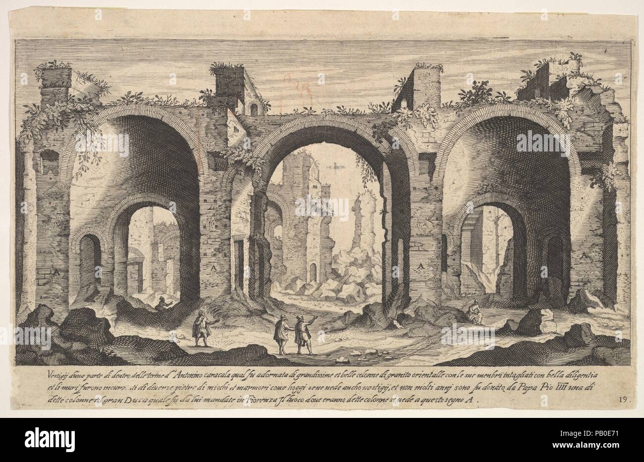 Plate 19: view of the Baths of Caracalla, indicating with inscribed letter  'A' the places from which columns were reportedly taken by Pope Pius IV to  be sent to the Grand Duke