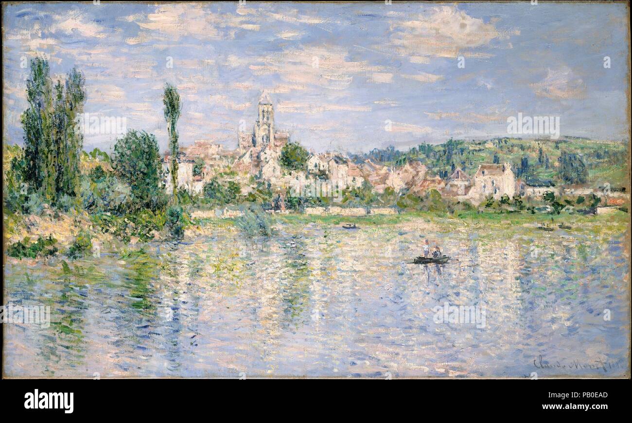 Vétheuil in Summer. Artist: Claude Monet (French, Paris 1840-1926 Giverny). Dimensions: 23 5/8 x 39 1/4 in. (60 x 99.7 cm). Date: 1880.  In this view of Vétheuil, seen from the opposite bank of the Seine, the flicker of individual brushstrokes reflects Monet's concern with recording sensations of color and light as accurately as possible. Ironically, this practice resulted in paintings of an increasingly abstract nature. Indeed, the imagery nearly dissolves in the myriad touches of paint. Museum: Metropolitan Museum of Art, New York, USA. Stock Photo