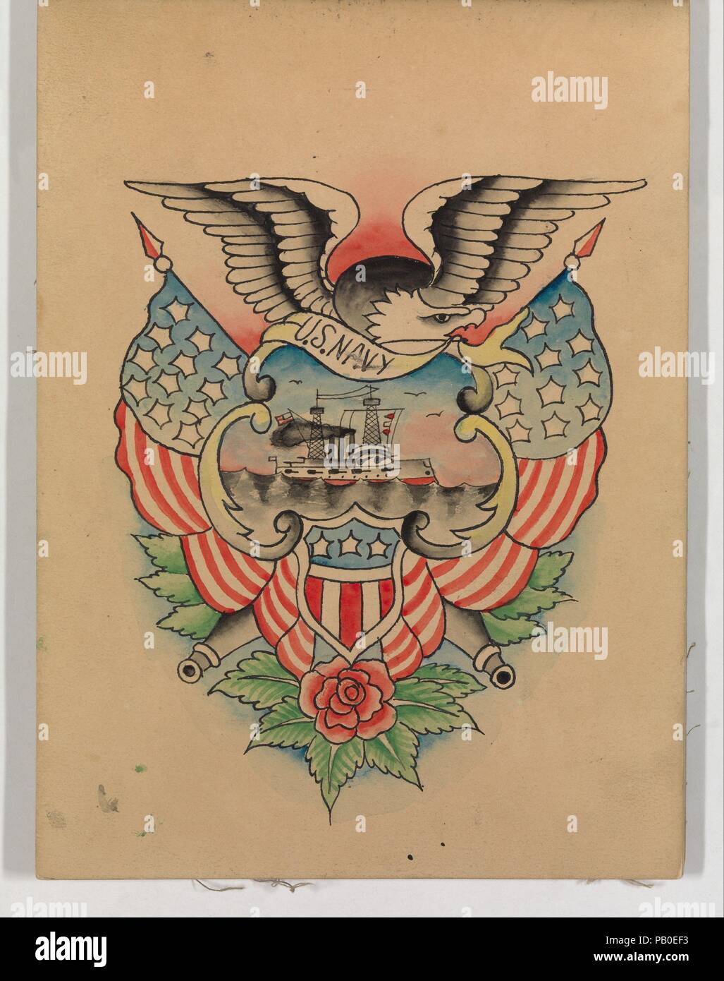 Tattoo Design with a Naval Theme. Artist: Clark & Sellers (American, active 20th century). Dimensions: Sheet: 8 1/4 × 6 1/16 in. (20.9 × 15.4 cm). Date: ca. 1900-1945. Museum: Metropolitan Museum of Art, New York, USA. Stock Photo