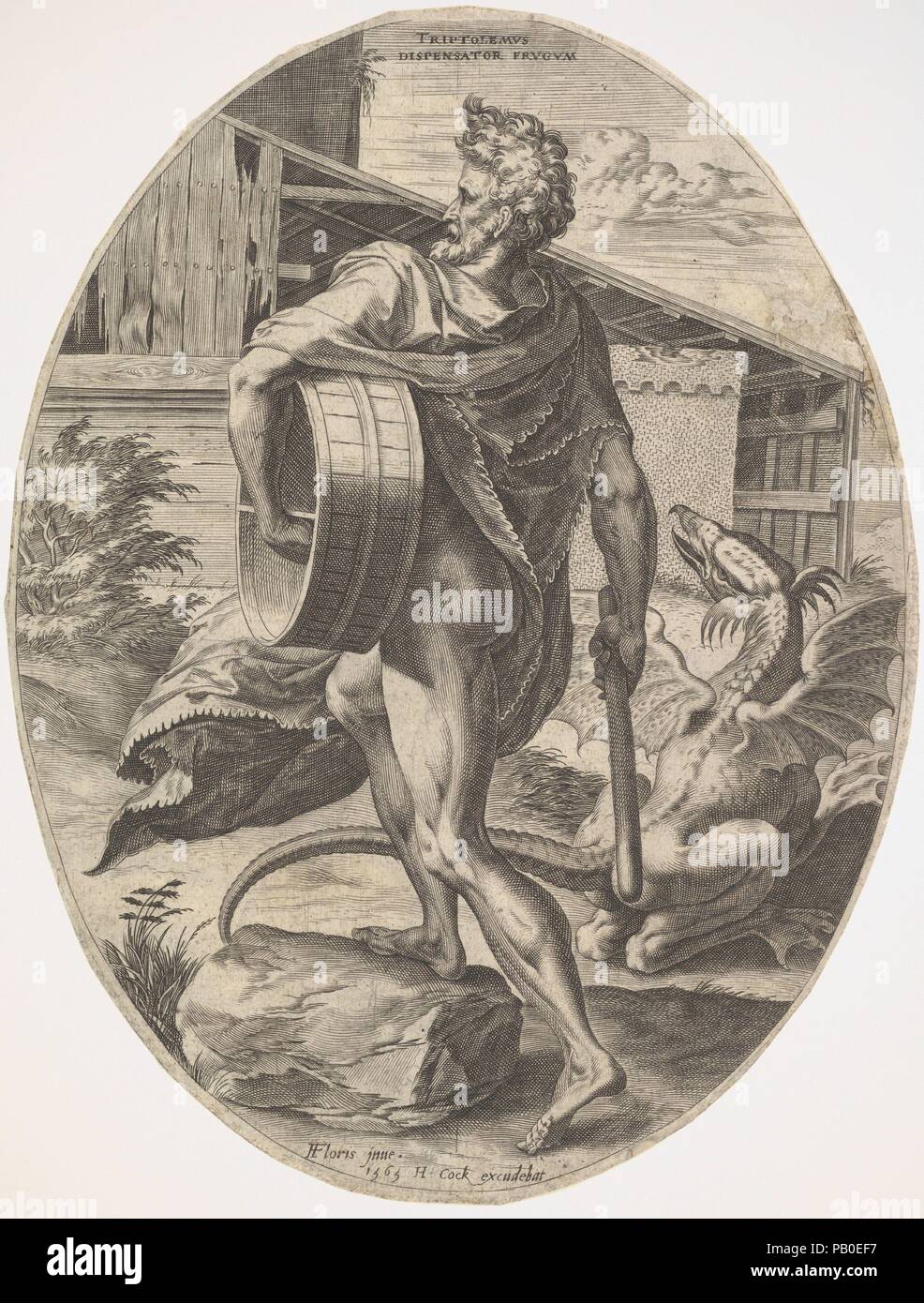 Triptolemus from The Rural Gods. Artist: Cornelis Cort (Netherlandish, Hoorn ca. 1533-1578 Rome); After Frans Floris I. Dimensions: oval sheet: 11 9/16 x 8 3/4 in. (29.3 x 22.3 cm). Date: 1565. Museum: Metropolitan Museum of Art, New York, USA. Stock Photo