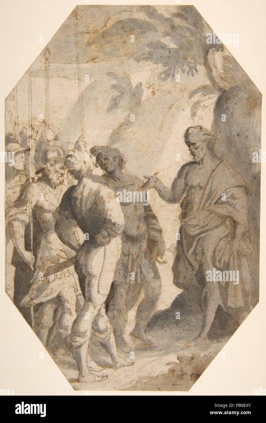 Saint John the Baptist (?) Preaching to a Group of Soldiers. Artist: Giovanni Battista Trotti ('Il Malosso') (Italian, Cremona 1556-1619 Parma) , attributed to. Dimensions: 10-1/4 x 6-13/16 in.  (26.0 x 17.3 cm). Date: 16th century. Museum: Metropolitan Museum of Art, New York, USA. Stock Photo