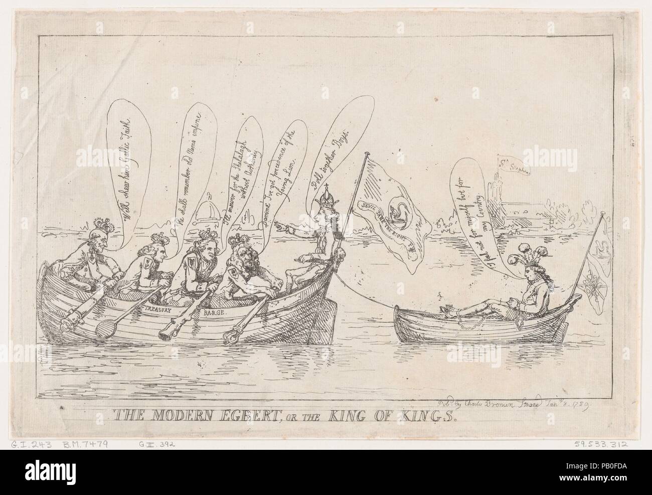 The Modern Egbert, or The King of Kings. Artist: Thomas Rowlandson (British, London 1757-1827 London). Dimensions: Sheet: 9 11/16 × 14 3/16 in. (24.6 × 36 cm). Subject: Baron Edward Thurlow (British, Norfolk 1731-1806 Brighton); William Pitt (British, 1759-1806); Henry Dundas, 1st Viscount Melville (British, Edinburgh, 1742-1811); George IV, King of Great Britain and Ireland (British, London 1762-1830 Windsor); George Nugent Temple Grenville, 1st Marquess of Buckingham. Date: January 8, 1789. Museum: Metropolitan Museum of Art, New York, USA. Stock Photo