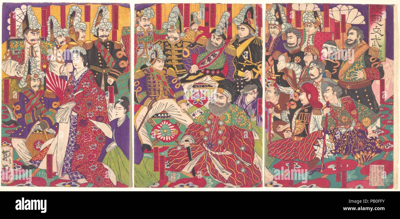Civil and Military Officers. Artist: Toshimasa (Japanese, active 19th century). Culture: Japan. Dimensions: Oban; each panel: 13 3/8 x 9 1/4 in. (34 x 23.5 cm). Date: December 1877.  Looming in the central panel in Japanese dress is Saigo Takamori (1827-1877), the popular hero and influential samurai from Satsuma in Southern Kyushu.  His daughter Ayako appears in the left panel.  Immediately following the Meiji Restoration in 1868, there was much discontentment, particularly among the samurai who had lost all of their earlier prestige and privileges.  Many Satsuma samurai far to the west were  Stock Photo