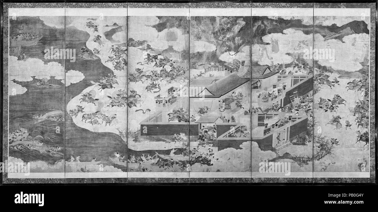 The Battle at Ichinotani, Scenes from The Tale of the Heike. Artist: Tosa School. Culture: Japan. Dimensions: 68 3/4 x 133 1/4 in. (174.6 x 338.5 cm). Date: 17th century.  The victory of the Minamoto over the Taira, which left the samurai class in power in Japan for more than seven centuries, was assured by this battle fought off the shores of western Japan in the second month of the year 1184. Around the Minamoto stronghold at Ichinotani, scores of warriors are shown in the dramatic confrontations recounted in the ninth section of the Heike monogatari. In the middle of the two left panels is  Stock Photo