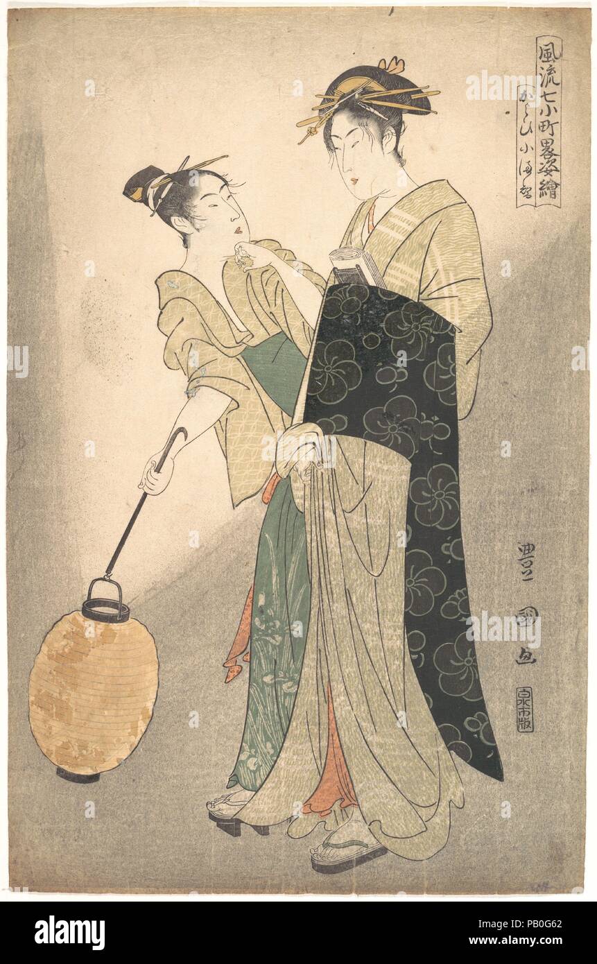 Kayoi Komachi, from the series 'Seven Episodes of the Poet Komachi'. Artist: Utagawa Toyokuni I (Japanese, 1769-1825). Culture: Japan. Dimensions: H. 15 1/4 in. (38.7 cm); W. 10 1/8 in. (25.7 cm). Date: ca. 1795.  This print is one of the most exquisite ukiyo-e prints featuring women. The subject matter of 'Kayoi Komachi,' inscribed in the upper right corner, is drawn from a tragic Noh play. The poet Ono no Komachi promises to meet her ardent suitor Fukakusa Shojo if he agrees to spend a hundred nights on the stepstool of an oxcart. After ninety-nine nights, he dies.   This print is a parody o Stock Photo
