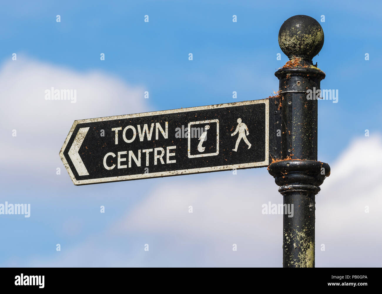 Old decaying and dirty British Town Centre sign. Town centre sign in England, UK. Stock Photo