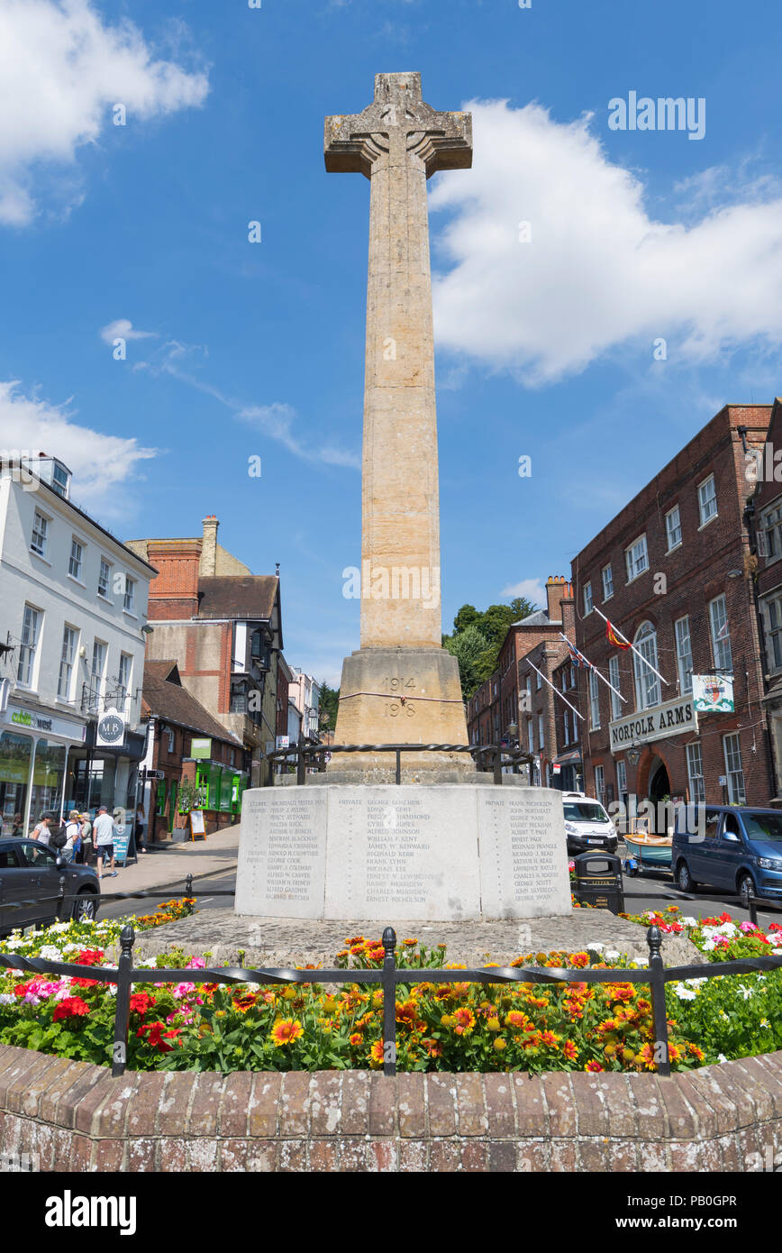 WWI and WWII war memorial in Summer in the High Street in Arundel, West Sussex, England, UK. Portrait. Stock Photo