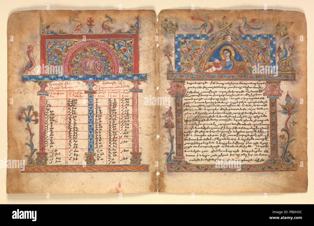 Armenian Manuscript Bifolium. Artist: Illuminator Minas (?) (active in region of Vaspurakan (now eastern Turkey)). Culture: Armenian. Dimensions: bifolio: 6 3/8 × 10 1/2 in. (16.2 × 26.6 cm)  Other (folio): 6 3/8 × 5 1/4 in. (16.2 × 13.3 cm)  Frame: 16 5/8 × 20 1/8 × 7/8 in. (42.2 × 51.1 × 2.2 cm). Date: 15th century.  Canon tables, a widely used comparative index to the gospels, were developed by Eusebius of Caesarea for his pupil Carpianus who appears in the headpiece of the explanatory page on the right. When bound, the tables on the left would have been one of the following index pages. Mu Stock Photo