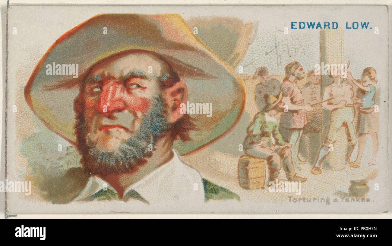 Edward Low, Torturing a Yankee, from the Pirates of the Spanish Main series (N19) for Allen & Ginter Cigarettes. Dimensions: Sheet: 1 1/2 x 2 3/4 in. (3.8 x 7 cm). Lithographer: George S. Harris & Sons (American, Philadelphia). Publisher: Allen & Ginter (American, Richmond, Virginia). Date: ca. 1888.  Trade cards from the 'Pirates of the Spanish Main' series (N19), issued ca. 1888 in a set of 50 cards to promote Allen & Ginter brand cigarettes. Museum: Metropolitan Museum of Art, New York, USA. Stock Photo