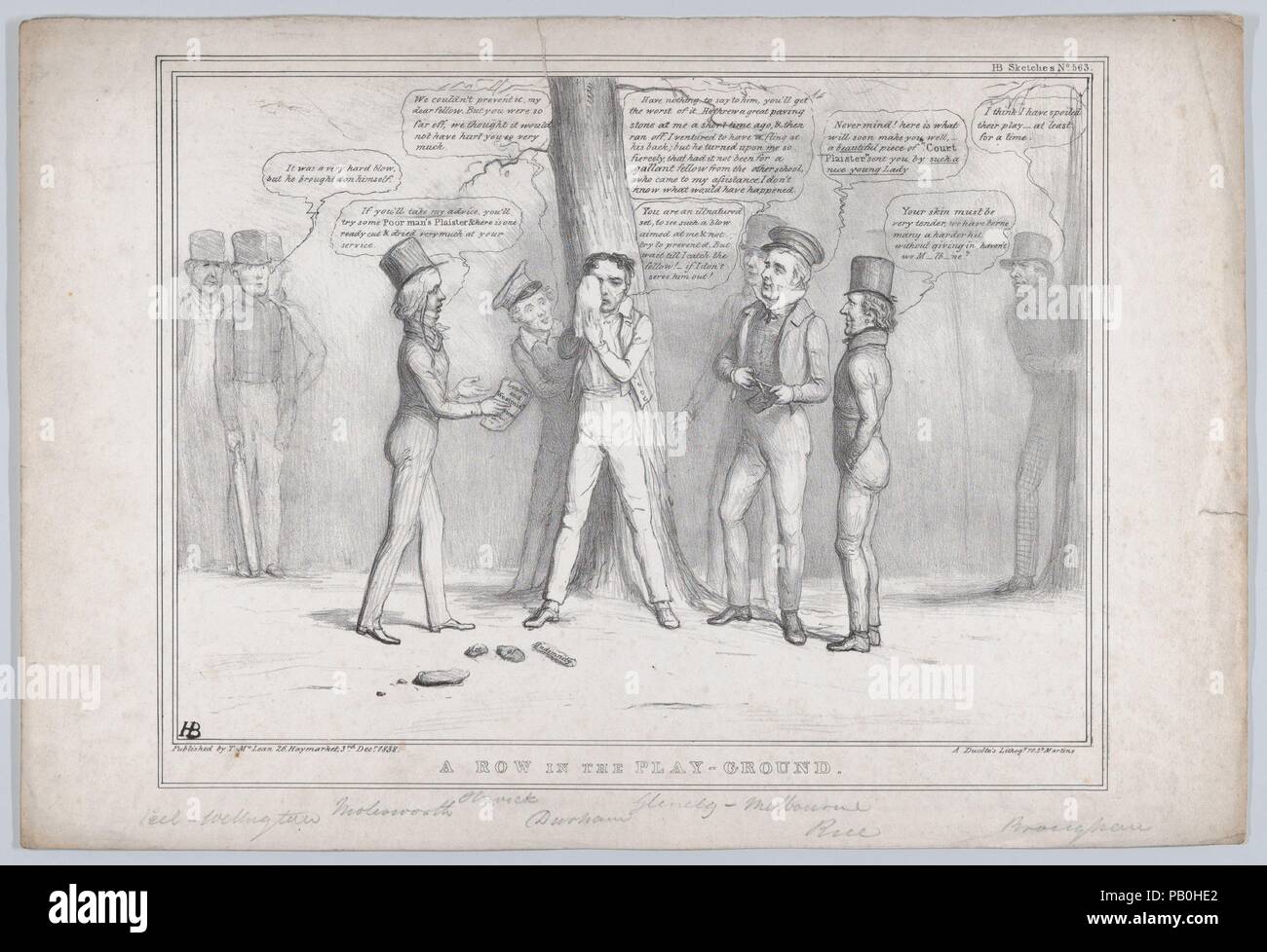 A Row in the Play-Ground. Artist: John Doyle (Irish, Dublin 1797-1868 London). Dimensions: Sheet: 11 3/4 × 17 7/16 in. (29.8 × 44.3 cm). Lithographer: Alfred Ducôte (British, active 1830-40). Publisher: Thomas McLean (British, active London 1788-1885). Series/Portfolio: HB Sketches, No. 563. Subject: Thomas Spring Rice, 1st Baron Monteagle (British, 1790-1866); William Lamb, 2nd Viscount Melbourne (British, London 1779-1848 Hertfordshire); Henry Peter, 1st Baron Brougham and Vaux (British, 1778-1868); Arthur Wellesley, 1st Duke of Wellington (British, 1769-1852); Sir Robert Peel (British, Bury Stock Photo