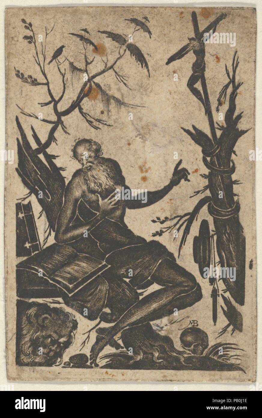 Blackwork Design with Saint Jerome. Artist: Mathais Beitler (German, Ansbach, active ca. 1582-1616). Dimensions: Sheet: 2 5/16 × 1 9/16 in. (5.9 × 3.9 cm). Date: 1615.  Ornamental panel with Saint Jerome leaning against a tree stump, reading a book at left. At right, a staff with the crucifix strapped to a tree. At lower right, a skull with the artist's monogram above. From a series of eight plates. Museum: Metropolitan Museum of Art, New York, USA. Stock Photo