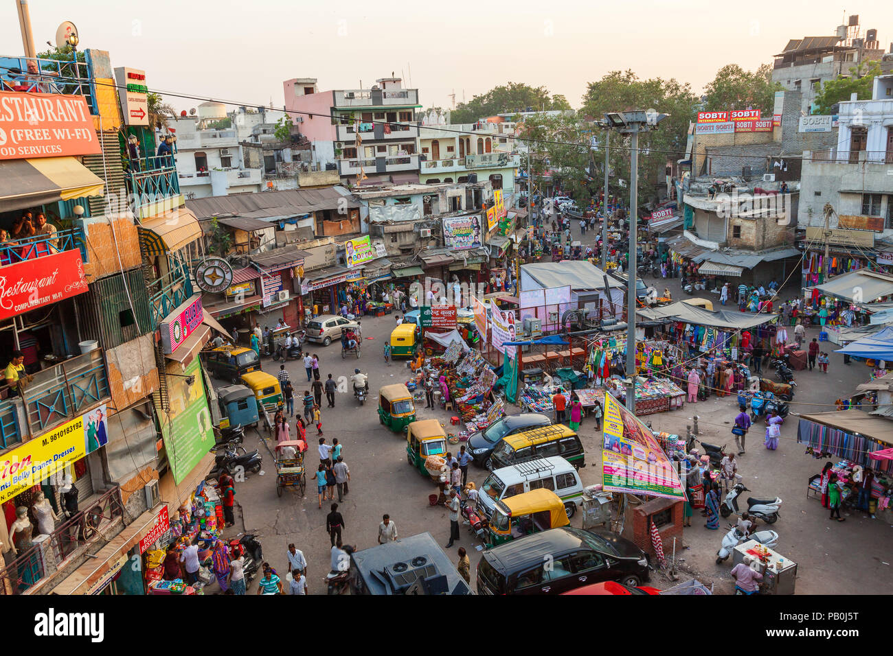 Elevated view of colorful Paharganj Main Bazaar, New Delhi, India. Stock Photo
