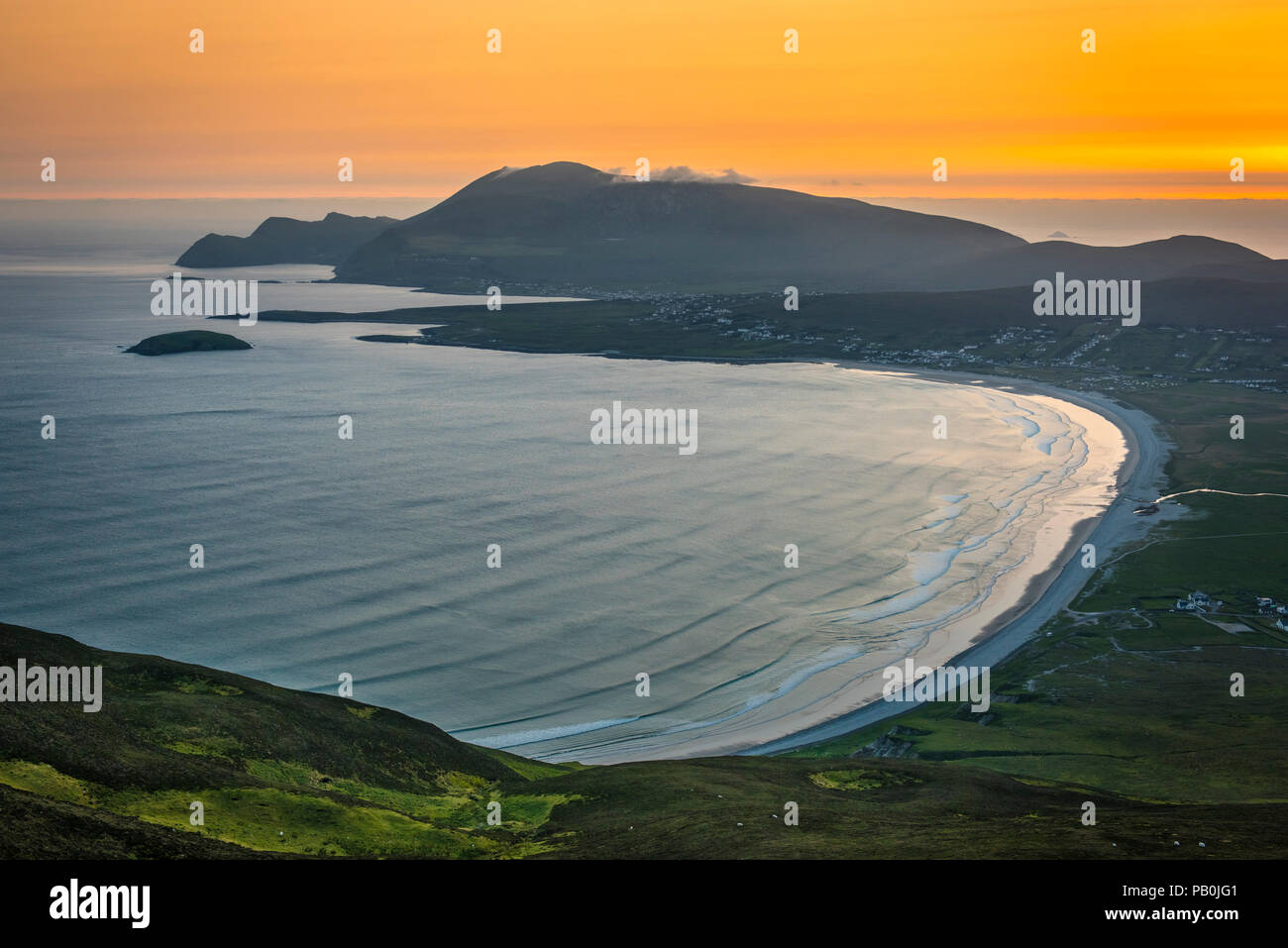 View of the Bay of Keel at sunset, Achill Island, County Mayo, Republic of Ireland Stock Photo
