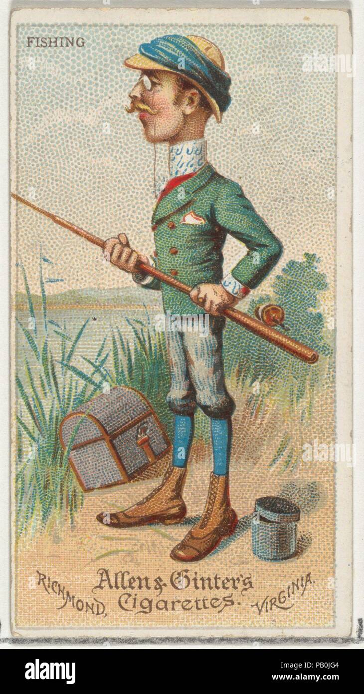 Fishing, from World's Dudes series (N31) for Allen & Ginter Cigarettes. Dimensions: Sheet: 2 3/4 x 1 1/2 in. (7 x 3.8 cm). Publisher: Allen & Ginter (American, Richmond, Virginia). Date: 1888. Trade cards from the "World's Dudes" series (N31), issued in 1888 in a set of 50 cards to promote Allen & Ginter brand cigarettes. Museum: Metropolitan Museum of Art, New York, USA. Stock Photo