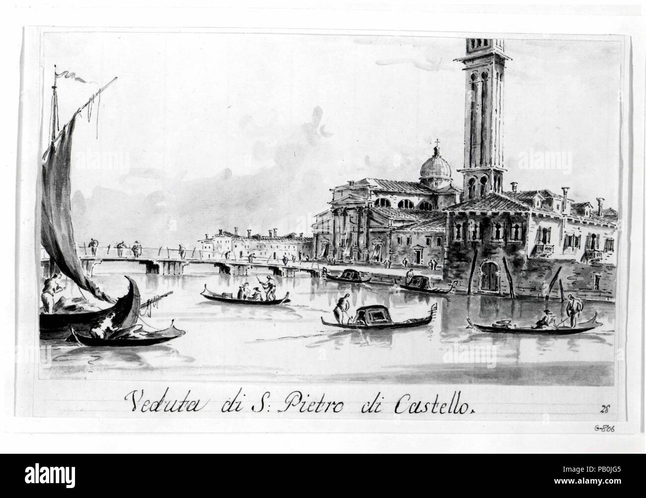 San Pietro di Castello. Artist: Giacomo Guardi (Italian, Venice (?) 1764-1835 Venice (?)). Dimensions: 4 7/8 x 8 5/16 in.  (12.4 x 21.1 cm). Date: ca. 1804-28.  This is one of a series of drawings, all in pen and ink, and gray wash, that formed part of an album housing forty-eight views of Venice and the surrounding islands.  Recognizing the market incentive to produce rather prosaic drawings as keepsakes for visiting tourists, Giacomo made numerous such albums, repeating the compositions as necessary. The view of the Piazza San Marco, which begins the numbered series, is probably derived from Stock Photo