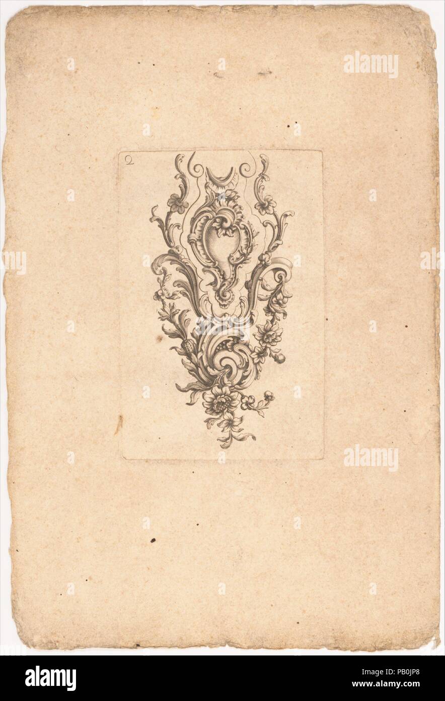 Nouveaux Ornemans D'Arquebuseries. Culture: French, Paris. Dimensions: 10 1/4  x 6 3/4 in. (26 x 17.1 cm). Engraver: Gilles Demarteau (French, Liège 1722-1776 Paris). Date: ca. 1750-55.  Demarteau, the son of a Liege gunsmith, was apprenticed under the Parisian engraver De Lacollombe, who is known chiefly for his designs for firearms ornament. These prints, part of a set of nineteen, come from Demarteau's only pattern book devoted solely to firearms decoration. From the 1750s onward, Demarteau established himself as one of the most successful engravers of his generation and was renowned for pe Stock Photo