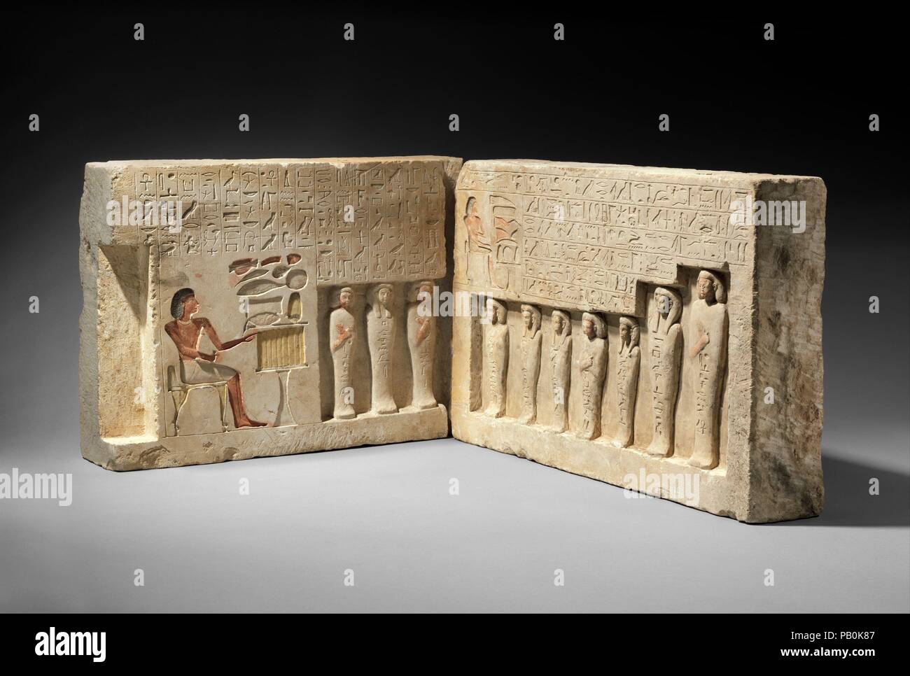 Reliefs from the Chapel of the Overseer of the Troops Sehetepibre. Dimensions: 65.120.1: H. 30.5 cm (12 in.); W. 42.5 cm (16 3/4 in.); Th. 10.6 cm (4 3/16 in.); 65.120.2: H. 30.5 cm (12 in.); W. 49.2 cm (19 3/8 in.); Th. 9.7 cm (3 13/16 in.). Dynasty: Dynasty 13. Date: ca. 1802-1640 B.C..  The  'overseer of troops' Sehetepibre, son of Sitankhu, was the owner of a commemorative chapel at Abydos, presumably built on the 'Terrace of the Great God' near the Osiris Temple. From here, he could magically and eternally participate in the festivals celebrating this god that were held each year. The two Stock Photo