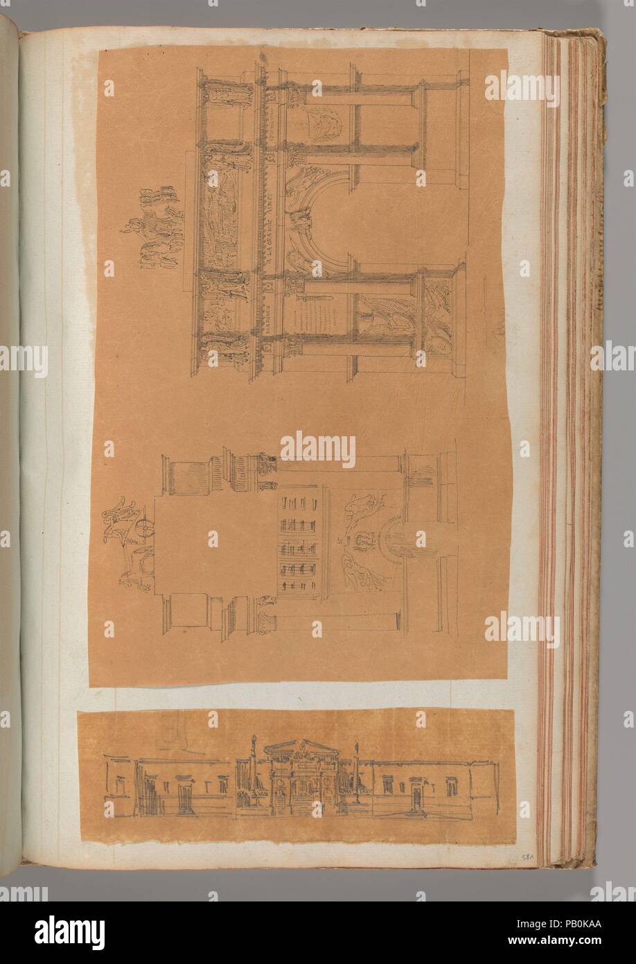 Page from a Scrapbook containing Drawings and Several Prints of Architecture, Interiors, Furniture and Other Objects. Artist: Workshop of Charles Percier (French, Paris 1764-1838 Paris); Workshop of Pierre François Léonard Fontaine (French, Pontoise 1762-1853 Paris). Dimensions: 15 11/16 x 10 in.  (39.8 x 25.4 cm). Date: ca. 1800-1850. Museum: Metropolitan Museum of Art, New York, USA. Stock Photo