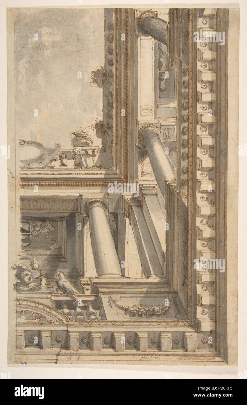 Design for a Trompe L'Oeil Ceiling with a Loggia. Artist: Faustino Trebbi (Italian, Budrio [Bologna] 1761-1836 Bologna); After Girolamo Curti detto 'Dentone' (Italian, Bologna, 1570-1632). Dimensions: 11-1/4 x 7-1/4 in.  (28.6 x 18.4 cm). Date: n.d.. Museum: Metropolitan Museum of Art, New York, USA. Stock Photo
