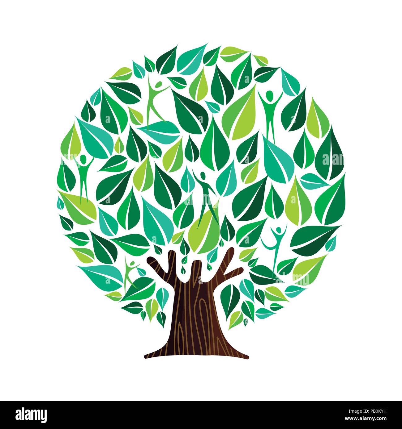 Tree made of green leaves with people inside. Nature concept, community help or social care campaign. EPS10 vector. Stock Vector