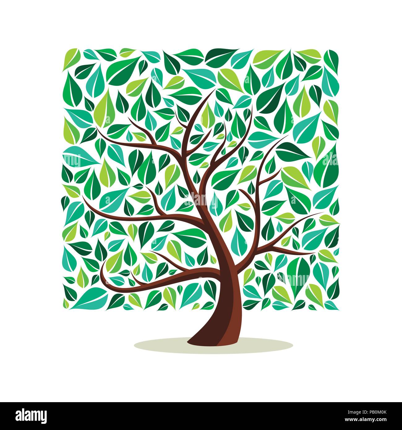 Tree made of green leaves with branches in square shape. Nature concept, Environment help or earth care. EPS10 vector. Stock Vector