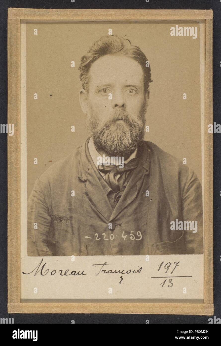 Moreau. François. 47 ans, né le 19/11/46 à Nevers (Nièvre). Menuisier: Anarchiste. 2/7/94. Artist: Alphonse Bertillon (French, 1853-1914). Dimensions: 10.5 x 7 x 0.5 cm (4 1/8 x 2 3/4 x 3/16 in.) each. Date: 1894.  Born into a distinguished family of scientists and statisticians, Bertillon began his career as a clerk in the Identification Bureau of the Paris Prefecture of Police in 1879. Tasked with maintaining reliable police records of offenders, he developed the first modern system of criminal identification. The system, which became known as Bertillonage, had three components: anthropometr Stock Photo