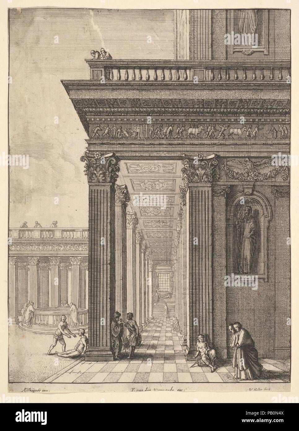 Temple courtyard with figures, after David Teniers the Elder (?). Artist: after Adam Elsheimer (German, Frankfurt 1578-1610 Rome); Wenceslaus Hollar (Bohemian, Prague 1607-1677 London). Dimensions: Sheet: 8 11/16 × 6 7/16 in. (22 × 16.3 cm). Date: 1625-77.  Temple colonnade and courtyard, with walking, seated and conversing figures, some looking down a well at left. Museum: Metropolitan Museum of Art, New York, USA. Stock Photo