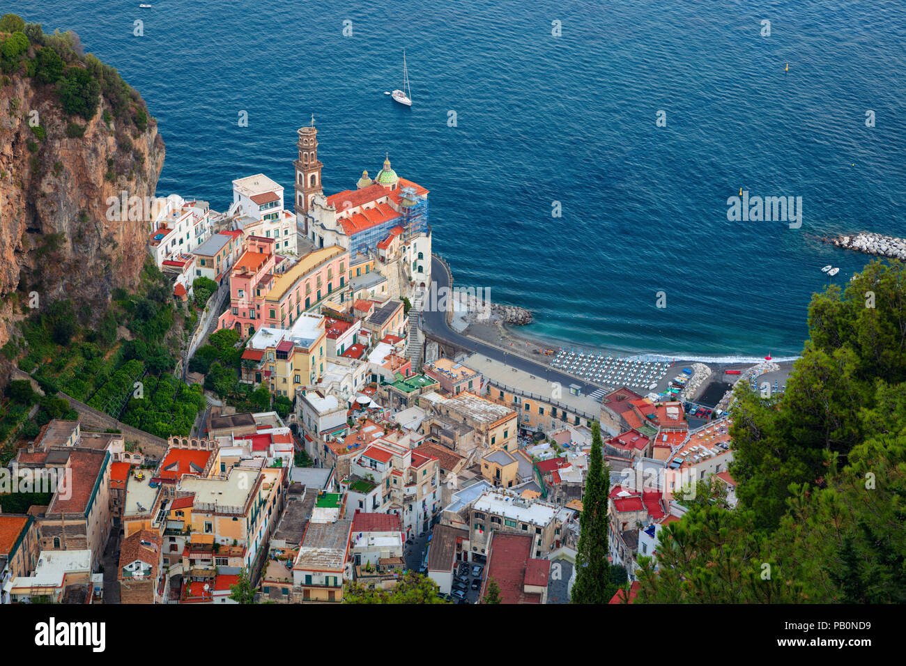 Atrani. Aerial view of Atrani famous coastal village located on Amalfi Coast, Italy. Stock Photo