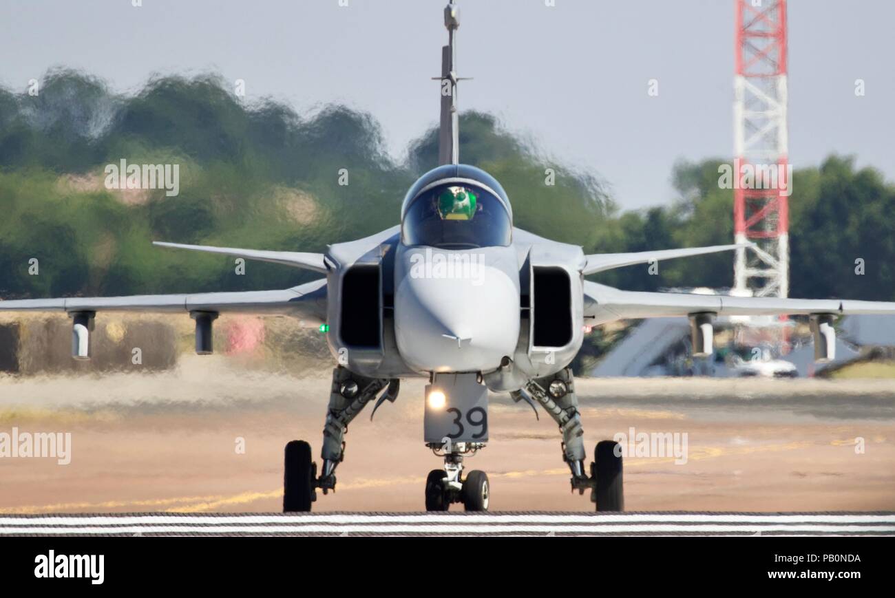 Czech Air Force JAS-39 Gripen on the runway at RAF Fairford preparing to demonstrate its power at the 2018 Royal International Air Tattoo Stock Photo