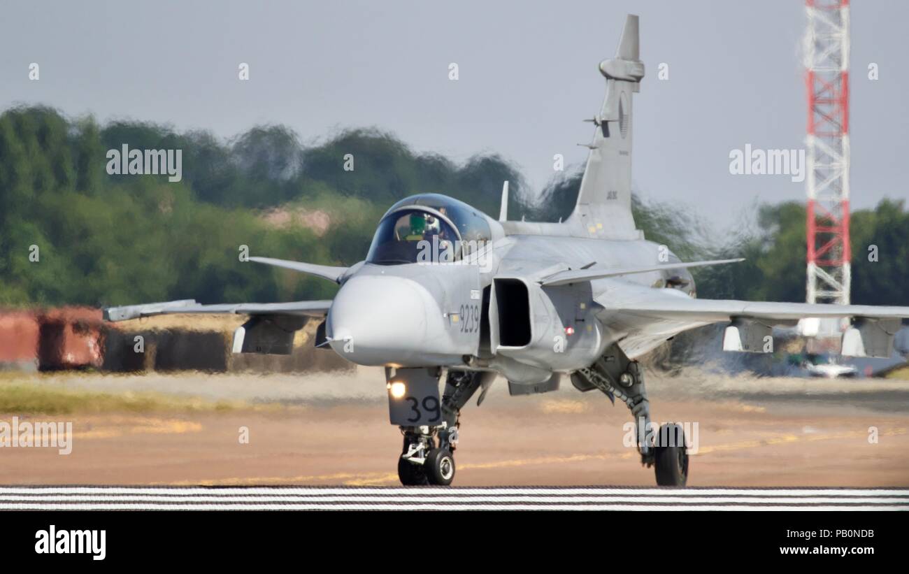 Czech Air Force JAS-39 Gripen on the runway at RAF Fairford preparing to demonstrate its power at the 2018 Royal International Air Tattoo Stock Photo