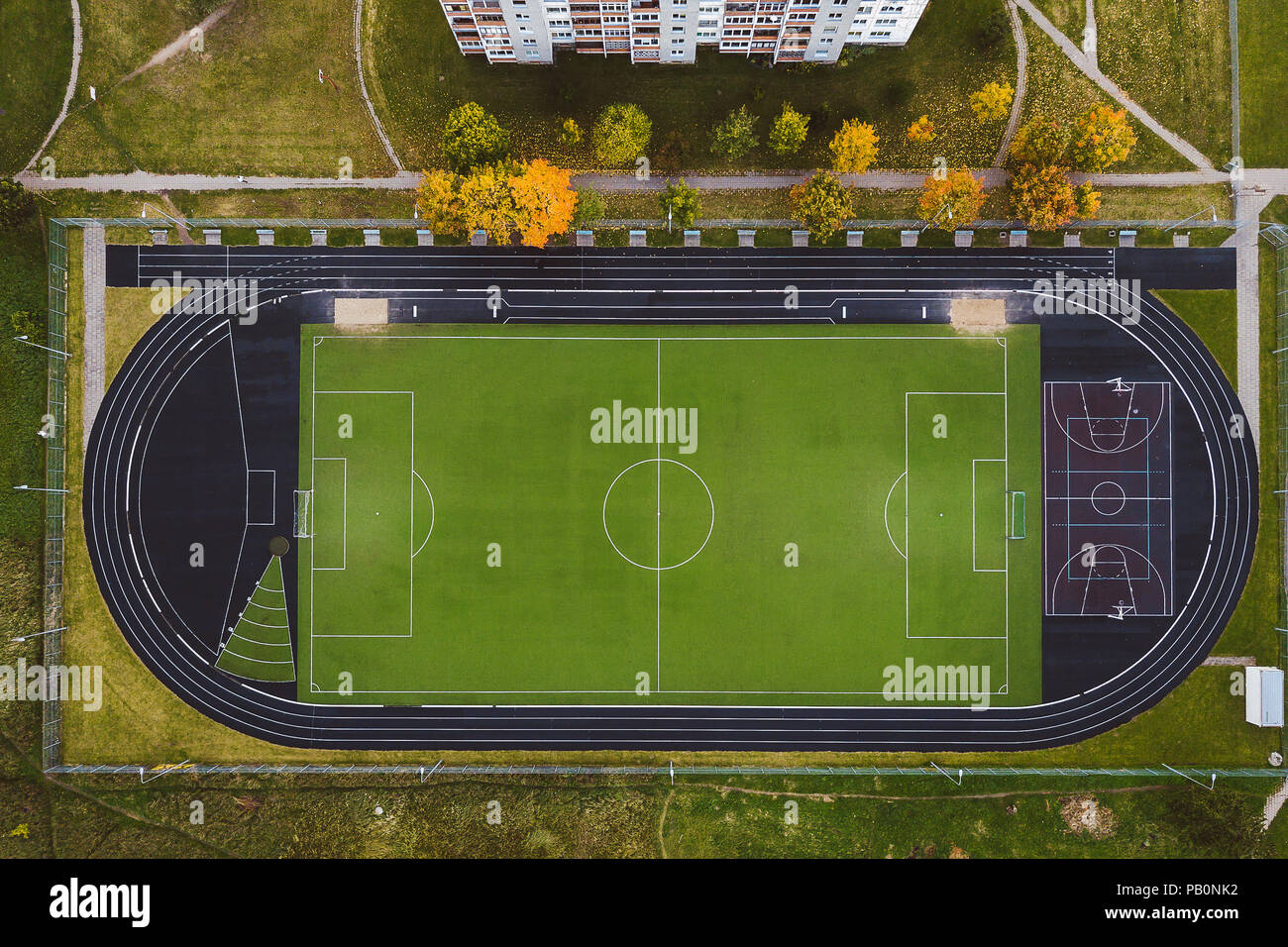 Empty stadium, drone aerial view. Panevezys, Lithuania Stock Photo