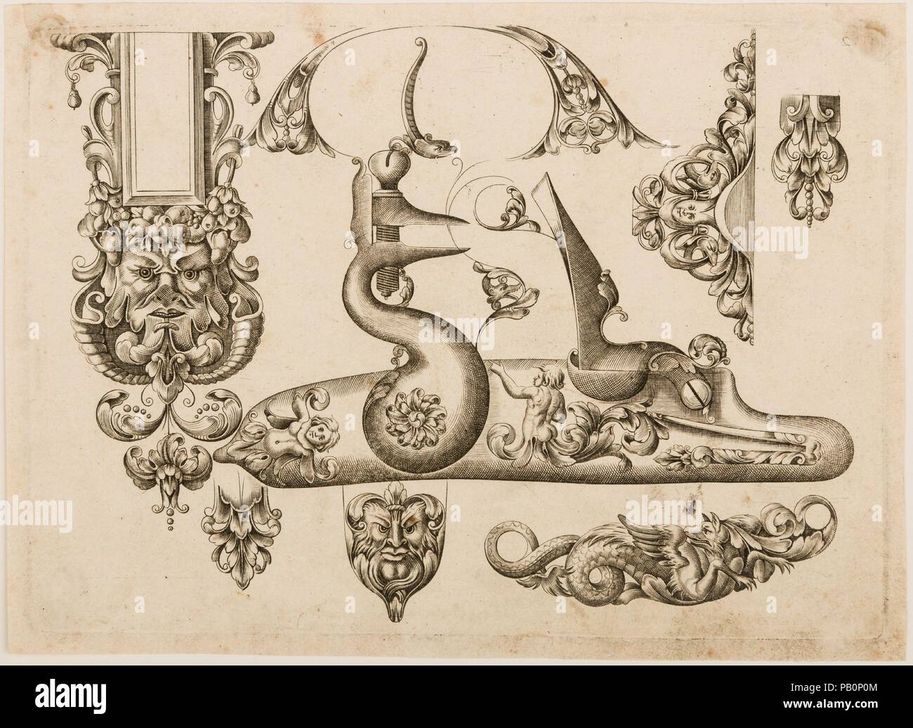 Plate Two from Plusieurs Models des plus nouuelles manieres qui sont en usage en l'Art de Arquebuzerie. Culture: French, Paris. Dimensions: sheet: 7 7/8 x 5 3/4 in. (20 x 14.6 cm); plate: 7 7/16 x 5 5/16 in. (18.9 x 13.5 cm). Engraver: C. Jacquinet (French, Paris, active mid-17th century). Publisher: Thuraine (French, Paris, active mid-17th century); Le Hollandois (French, Paris, active mid-17th century). Date: ca. 1660.  Little is known about the royal gunmakers, Thuraine and Le Hollandois, who published the pattern book from which this sheet comes. It remains a rare and important document of Stock Photo