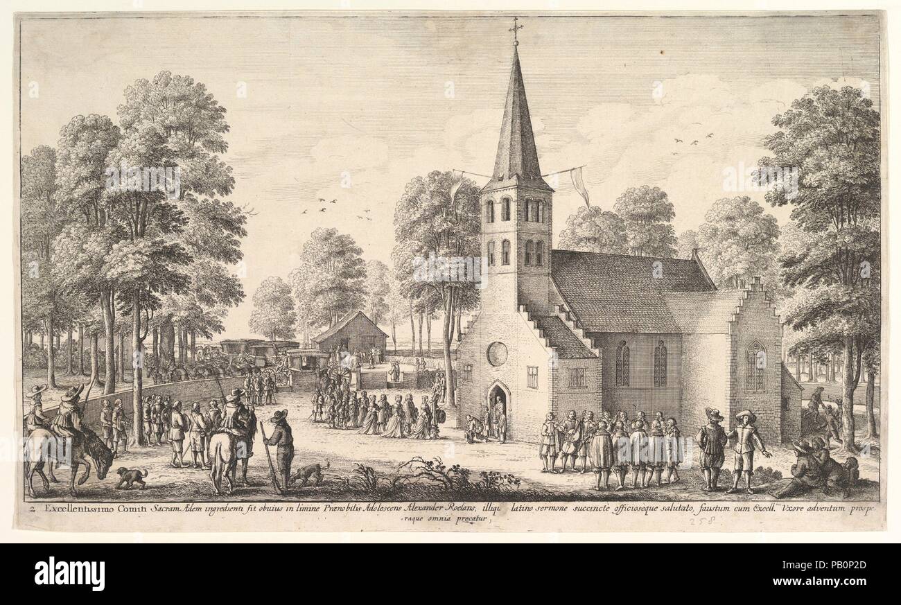 Going to Church. Artist: Wenceslaus Hollar (Bohemian, Prague 1607-1677 London). Dimensions: Plate: 9 1/2 × 16 in. (24.2 × 40.7 cm)  trimmed on the platemark. Series/Portfolio: Title-page plus a series of four prints commemorating the visit paid by the Imperial Postmaster-General, the count de la Tour et Tassis, and his wife to Alexander Roelants, the Imperial Postmaster for the Netherlands (P.562-566).. Date: 1651.  Going to Church; the count and countess de Tour et Tassis and their attendants approaching church from left; priest and two acolytes waiting at the door with host Alexander Roelant Stock Photo