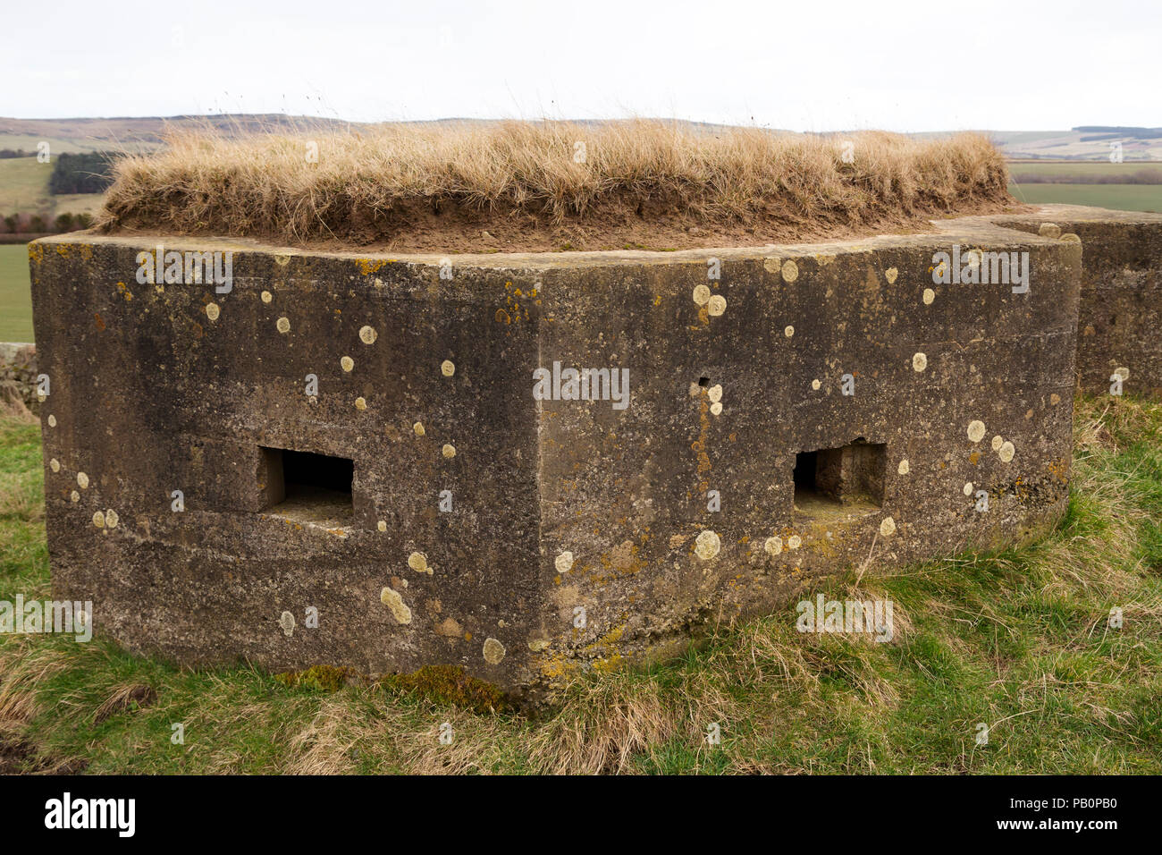Pillbox dating from World War Two in the countryside of Northumberland, England. The concrete defensive position is in the Cheviot Hills. Stock Photo