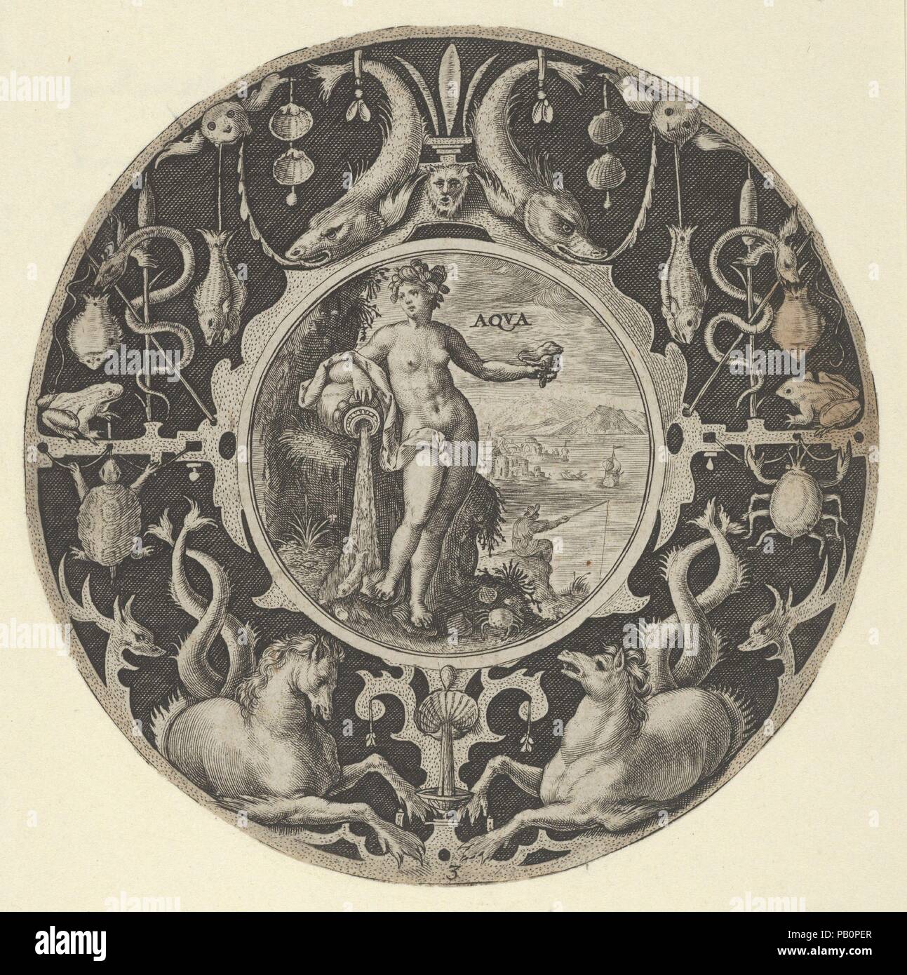 'Aqua' in a Decorative Border with Sea Creatures, from a Series of Circular Designs with the Four Elements. Artist: Crispijn de Passe the Elder (Netherlandish, Arnemuiden 1564-1637 Utrecht). Dimensions: Sheet: 5 × 4 3/4 in. (12.7 × 12.1 cm). Date: 1590-1612.  Design for a circular plate with the element of Water personified as a standing female figure holding a shell in her left and and leaning on an over turned vessel, which issues a stream of water and fish. This scene is shown in a medallion at center and is surrounded by a broad band with various aquatic animals and sea monsters, including Stock Photo