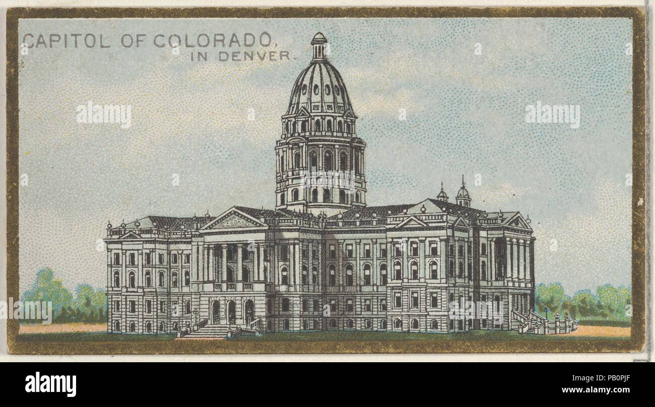 Capitol of Colorado in Denver, from the General Government and State Capitol Buildings series (N14) for Allen & Ginter Cigarettes Brands. Dimensions: Sheet: 1 1/2 x 2 3/4 in. (3.8 x 7 cm). Lithographer: The Gast Lithograph & Engraving Company (American, New York). Publisher: Issued by Allen & Ginter (American, Richmond, Virginia). Date: 1889.  Trade cards from the 'General Government and State Capitol Buildings' series (N14), issued in 1889 in a set of 50 cards to promote Allen & Ginter brand cigarettes. Museum: Metropolitan Museum of Art, New York, USA. Stock Photo