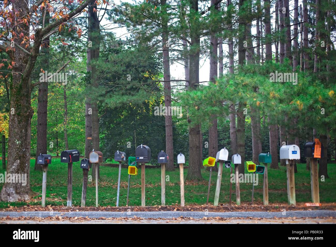 A row of rural mailboxes on the country road Stock Photo