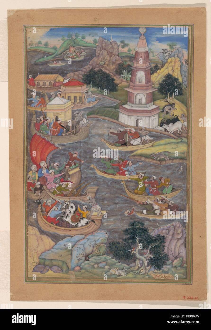 'Alexander Fights a Sea Battle', Folio from a Khamsa (Quintet) of Amir Khusrau Dihlavi. Artist: Dharmadas. Dimensions: H. 9 3/4 in. (24.8 cm)  W. 6 1/4 in. (15.9 cm). Poet: Amir Khusrau Dihlavi (1253-1325). Date: 1597-98.  In the episode illustrated, Alexander the Great has ordered the construction of a tall tower surmounted by a revolving mirror in order to battle the pirates menacing the Mediterranean Sea. The protagonists appear as contemporary Indians wearing turbans and tunics, rather than ancient Greeks, and one of the fighters uses a gun, an invention from nearly two millennia after Ale Stock Photo