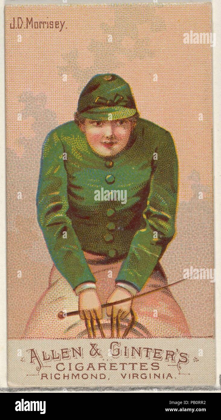 J.D. Morrisey, from the Racing Colors of the World series (N22b) for Allen & Ginter Cigarettes. Dimensions: Sheet: 2 3/4 x 1 1/2 in. (7 x 3.8 cm). Publisher: Allen & Ginter (American, Richmond, Virginia). Date: 1888.  Trade cards from the 'Racing Colors of the World' series (N22b), issued in 1888 in a set of 50 cards to promote Allen & Ginter brand cigarettes. The series was published in two variations. N22a includes a white edge around the perimeter of each card and N22b does not. Museum: Metropolitan Museum of Art, New York, USA. Stock Photo