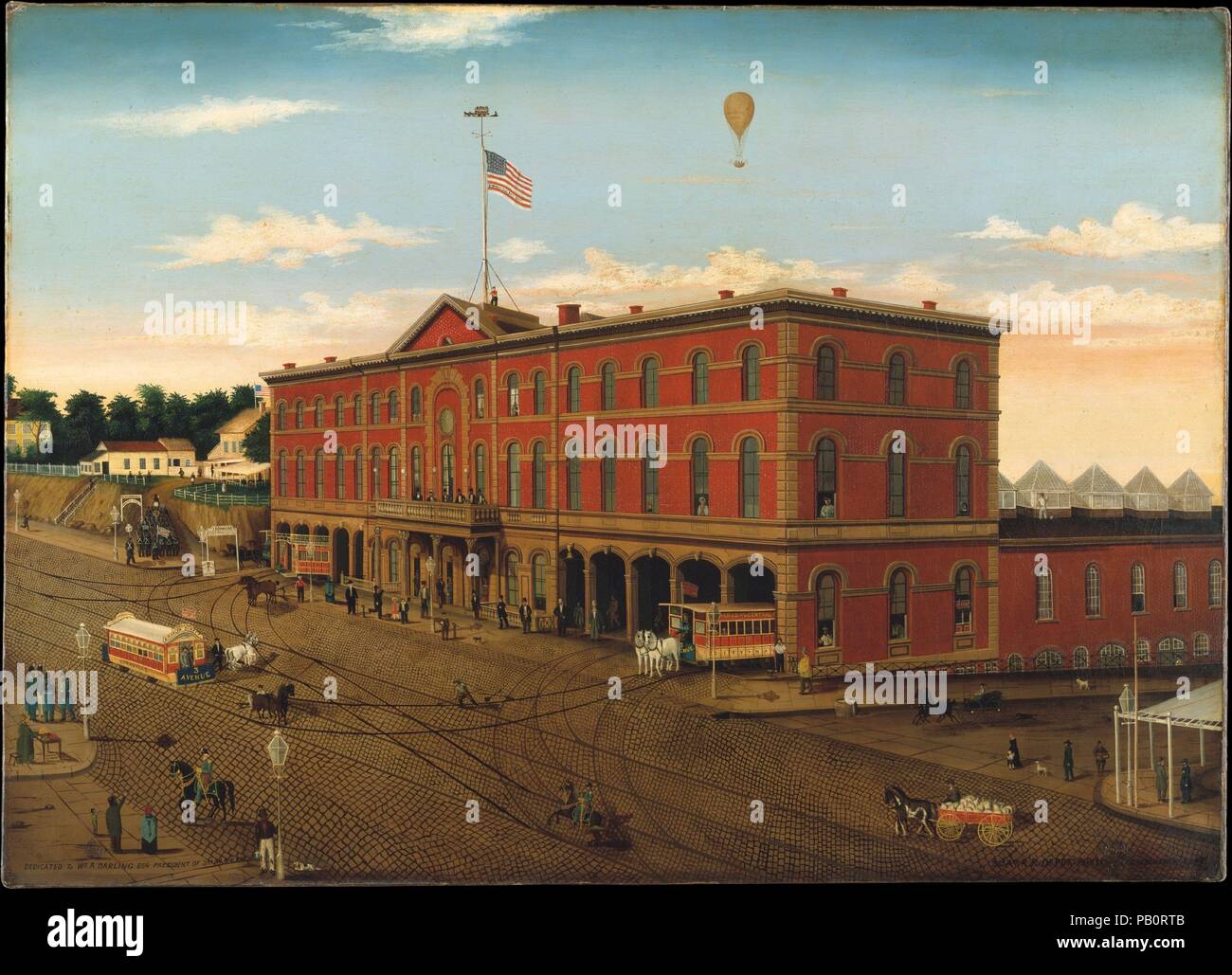 The Third Avenue Railroad Depot. Artist: William H. Schenck (active ca. 1854-64). Dimensions: 36 x 50 in. (91.4 x 127 cm). Date: ca. 1859-60.  Schenck painted this precise representation of the Third Avenue Railroad Company's new depot while serving as the company's superintendent (1856-64). Completed in 1857 (and destroyed just four years later by fire), the handsome brick edifice was located on Third Avenue between 65th and 66th Streets in New York City. In addition to highlighting the contemporary popularity of the horse-drawn streetcar, Schenck also included a hot-air balloon in the sky, i Stock Photo