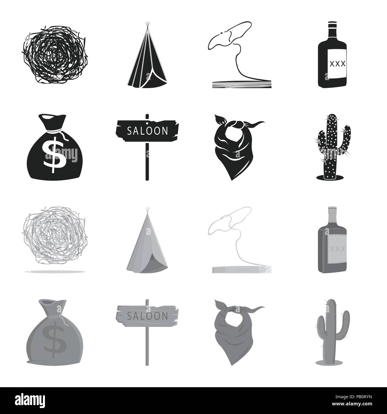 Bag of money, saloon, cowboy kerchief, cactus. Wild west set collection icons in black,monochrome style vector symbol stock illustration . Stock Vector