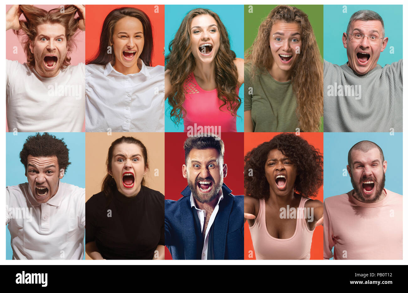 Angry people screaming. The collage of different human facial expressions, emotions and feelings of young men and women. Stock Photo