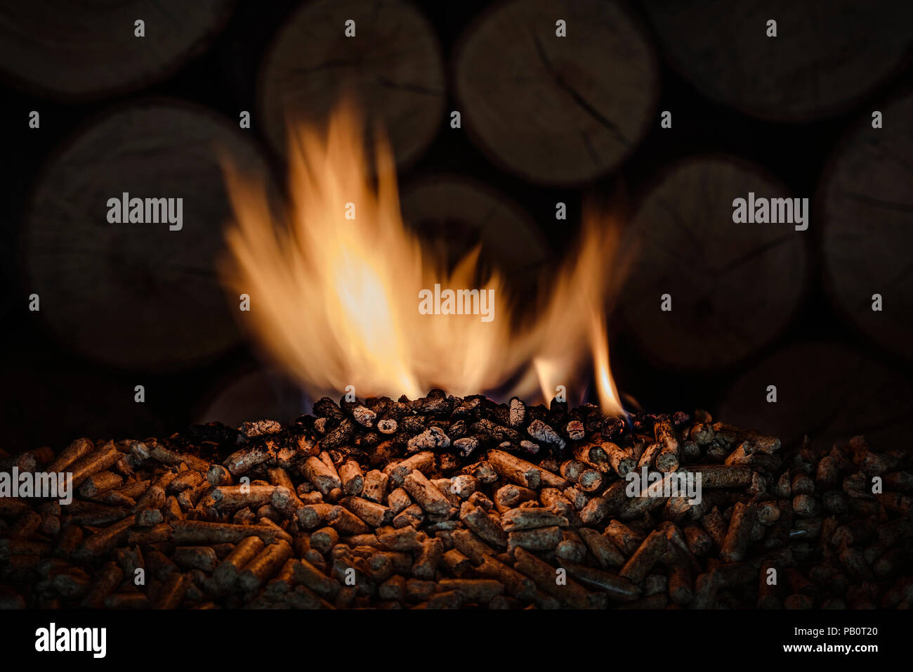 flame from wood pellet burning Stock Photo
