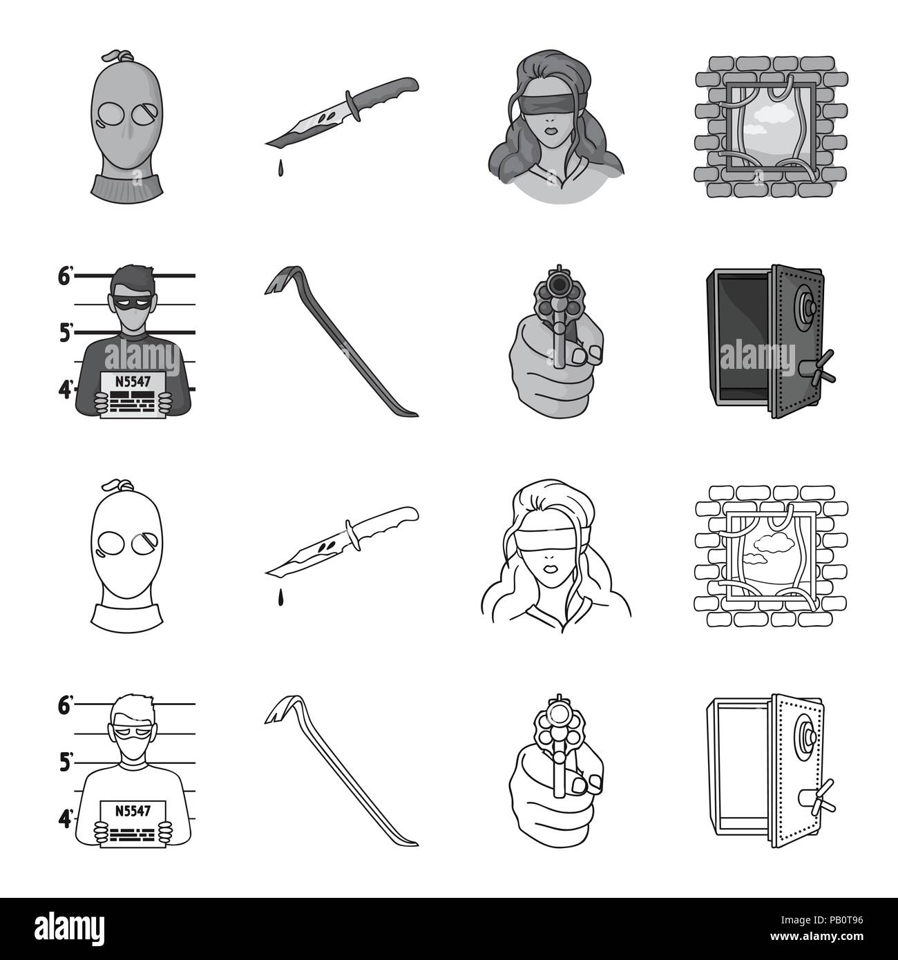Photo of criminal, scrap, open safe, directional gun.Crime set collection icons in outline,monochrome style vector symbol stock illustration . Stock Vector
