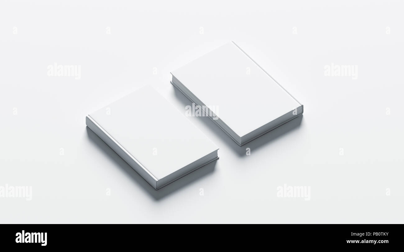 Blank white hardcover books mock up set, front and back side view, 3d rendering. Empty notebook cover mockups, isolated. Bookstore branding template.  Stock Photo