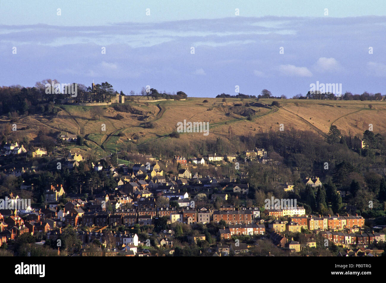 March 1999: Telephoto view towards Rodborough Common, Gloucestershire, Cotswolds, UK Stock Photo