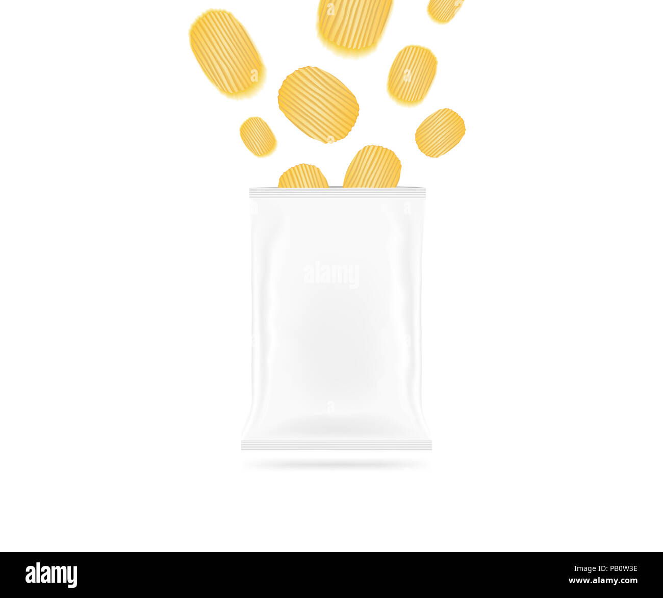 Blank chips bag mock up isolated. Clear white potato chip pack mockup. Crackers, crisps flying supermarket foil plastic container ready for logo desig Stock Photo